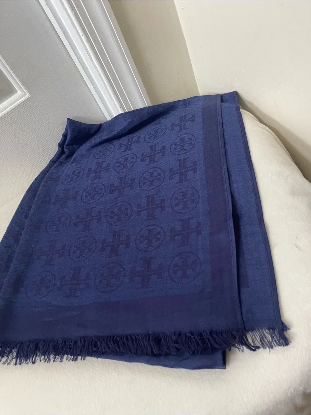 Tory Burch Navy Logo Jacquard Scarf